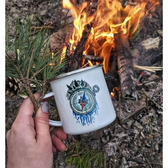 Compass. Camping mug. Travel mug, Camping outdoors travel mug. Enamel Mug.