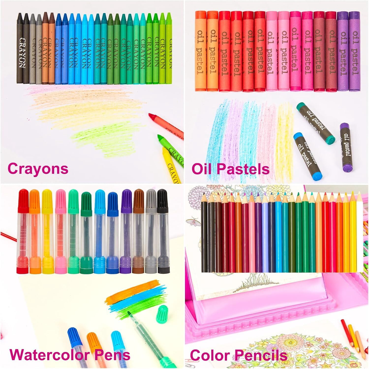 Art Supplies, 208-Piece Drawing Art Kit, Gifts for Girls Boys Teens, Art Set Crafts Case with Double Sided Trifold Easel, Includes Watercolor Pens, Oil Pastels, Crayons, Colored Pencils (Pink)