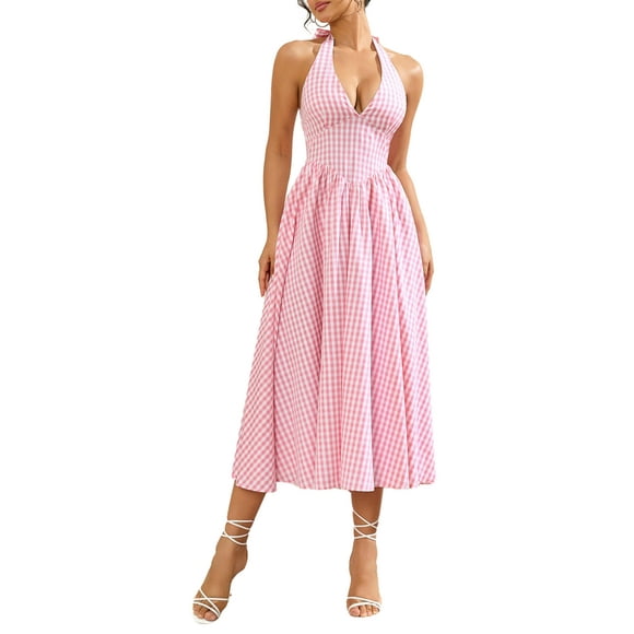 Vestido largo Parthea a cuadros con cuello en V fruncido en la espalda para mujer