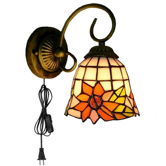 Kiven Plug in Wall Lamp, Tiffany Style Plug in Wall Sconce with Glass Lampshade, 5.9ft Plug-in Cord, E26 Socket