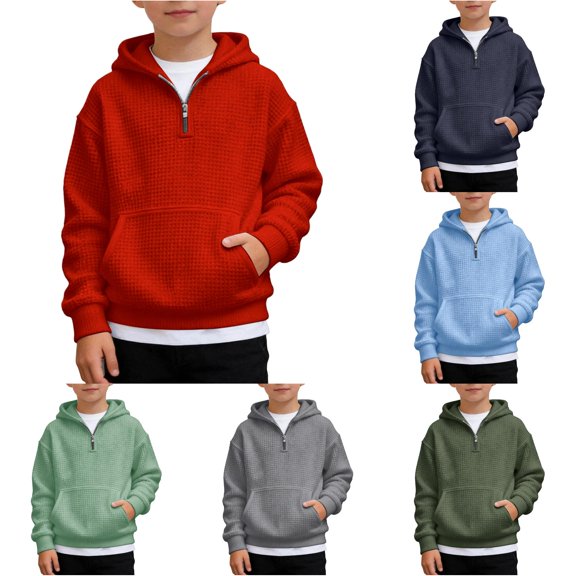 WhouRiu Boys Quarter Zip Knit Hoodie Solid Color Long Sleeve Casual Pullover Kids Autumn Comfortable Everyday Sweatshirts With Pockets,5-6 Years