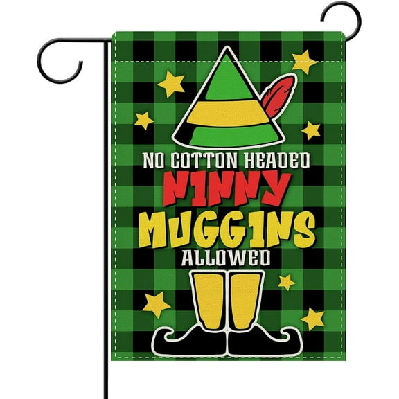 Green Christmas Elf Decorative Garden Flag, Xmas No Cotton Headed Ninny Muggins Allowed Yard Home Decoration, Winter Holiday Plaid Farmhouse Small Outside Outdoor Decor Double Sided 12 x 18