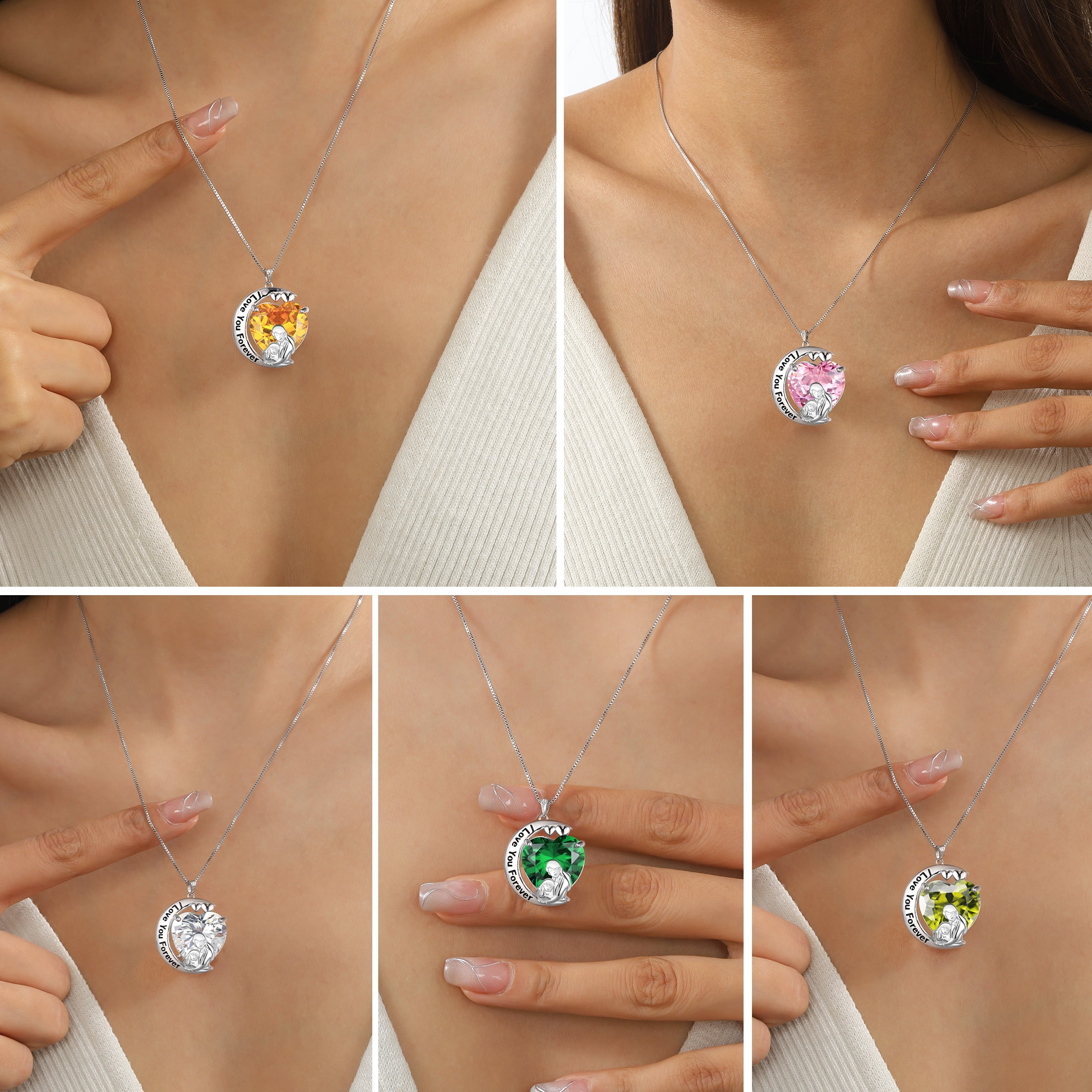 Juwaliy Moon Heart Mother Daughter Necklace 925 Sterling Silver Green Emerald May Birthstone Pendant Jewelry Women Mom Christmas Birthday Mother's Day Gift