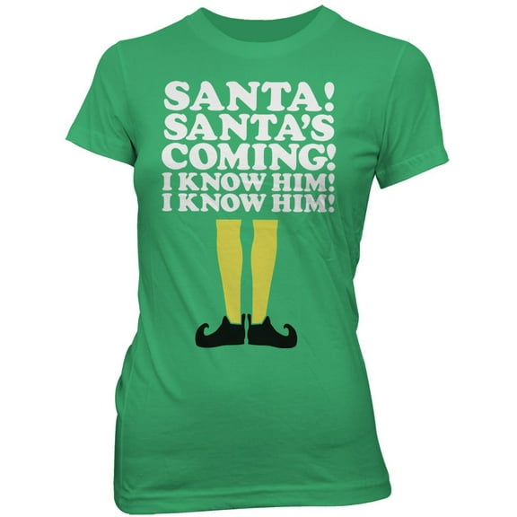 Elf Santa's Coming Women's Christmas Movie T-Shirt Medium Kelly