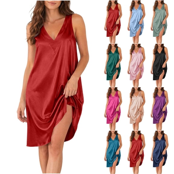 NominalSnug Satin Nightgowns for Women Sleeveless Tank Pajamas Dresses V Neck Houses Dress Comfy Loungewear