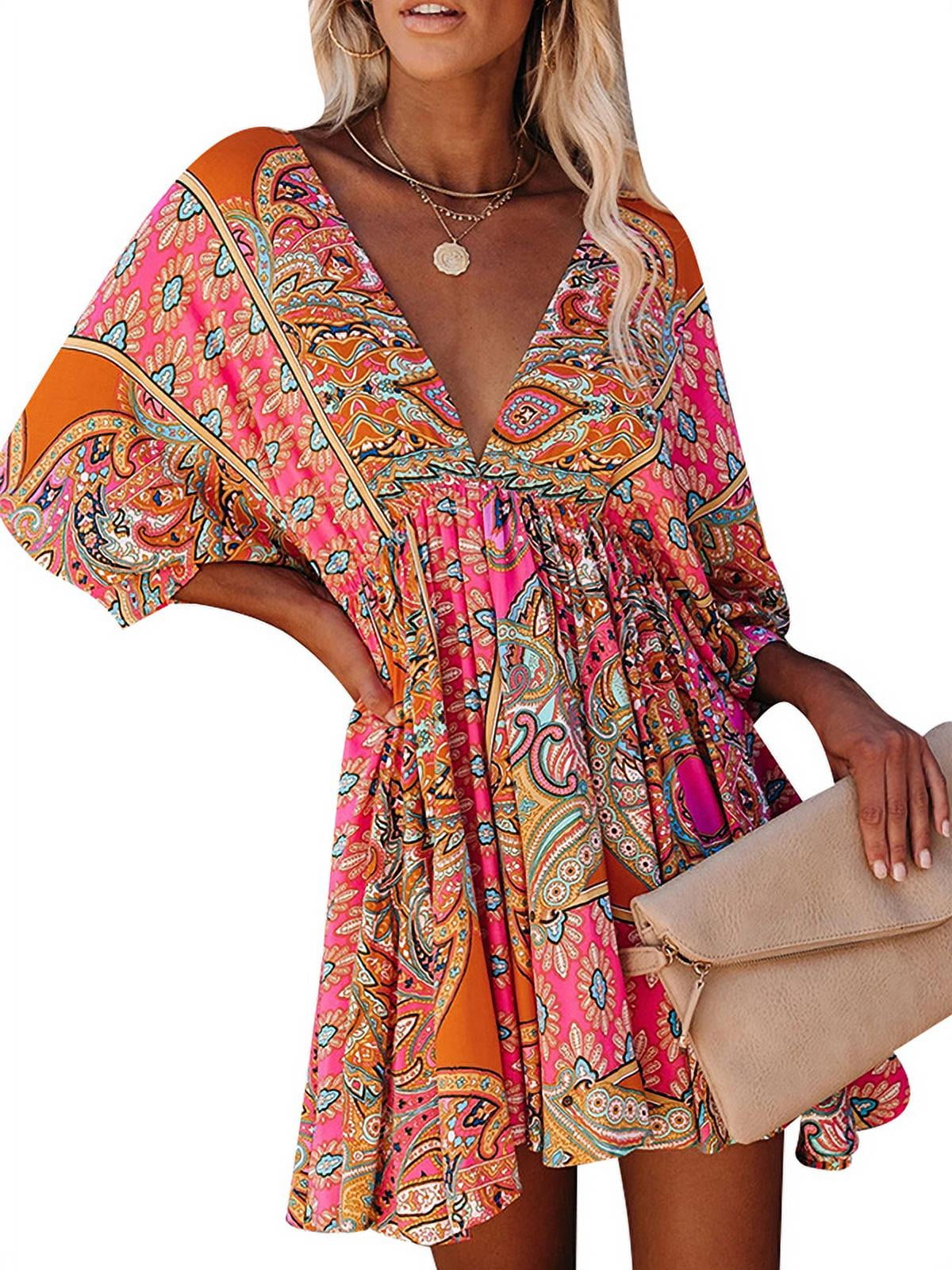 Summer Bohemian Deep V-Neck Floral Print Babydoll 3/4 Sleeve Midi Long Loose Dresses with Pockets