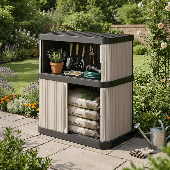 HABUTWAY Large Outdoor Storage Shed & Cabinet, 2-Tier Waterproof with Floor, Lockable for Garden Patio Backyard