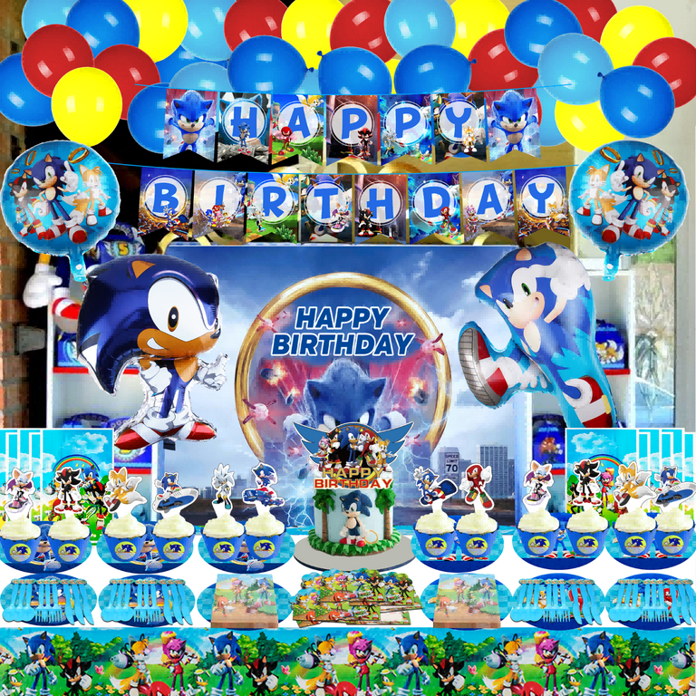 Sonic Birthday Party Supplies, 222 Pcs Sonic Party Decorations Include  Banners, Foil Latex Balloons, Cake Cupcake Topper, Tablecloth, Gift Bags