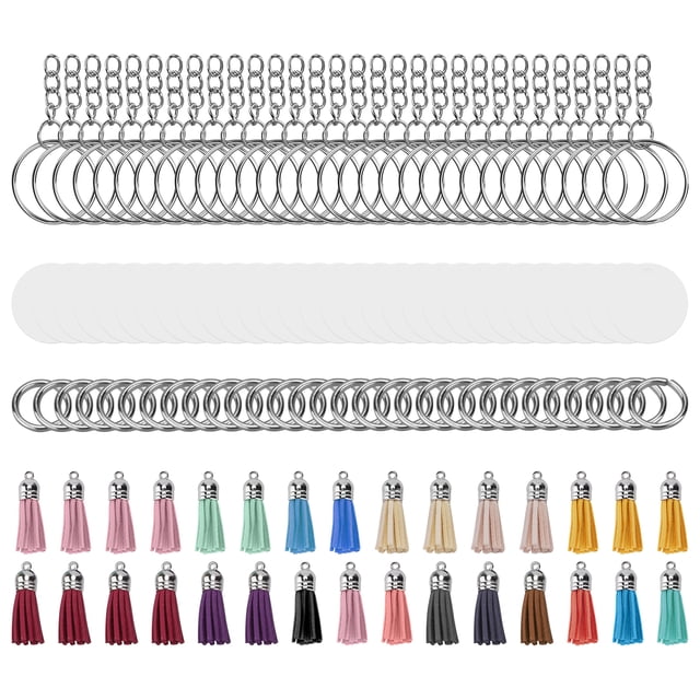 Juego de 30 llaveros acrílicos pintados a mano con borlas y círculos en blanco con anillos de salto