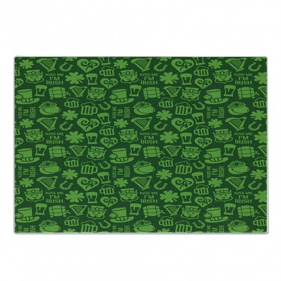 Irish Cutting Board, Kiss Me I'm Irish Humorous Phrase with Ale Shamrocks Hats Traditional, Decorative Tempered Glass Cutting and Serving Board, Small Size, Lime Green Green, by Ambesonne
