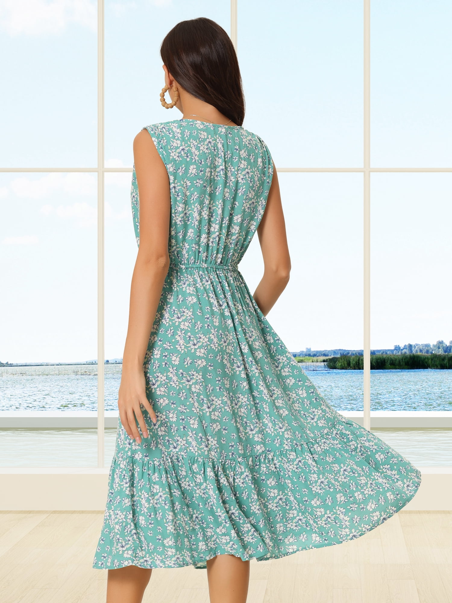 DARING DIVA Summer V Neck Sleeveless Flowy Midi Dress M Green