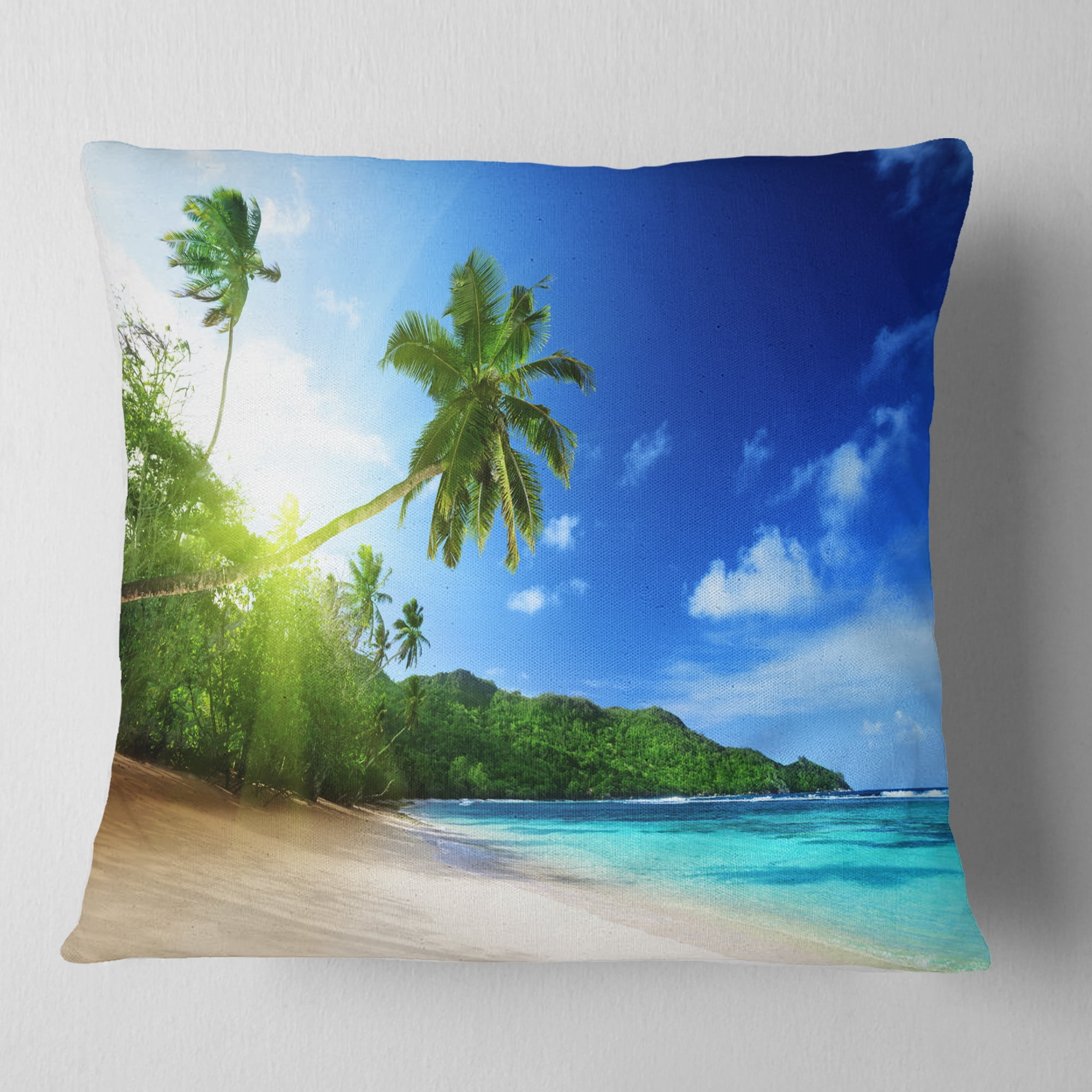 Designart Sunset Beach with Palm - Landscape Photography Throw Pillow - 18x18