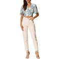 thumbnail image 3 of INSPIRE CHIC Women's Floral Flare Short Sleeve V Neck Summer Smocked Crop Tops L White Blue, 3 of 7