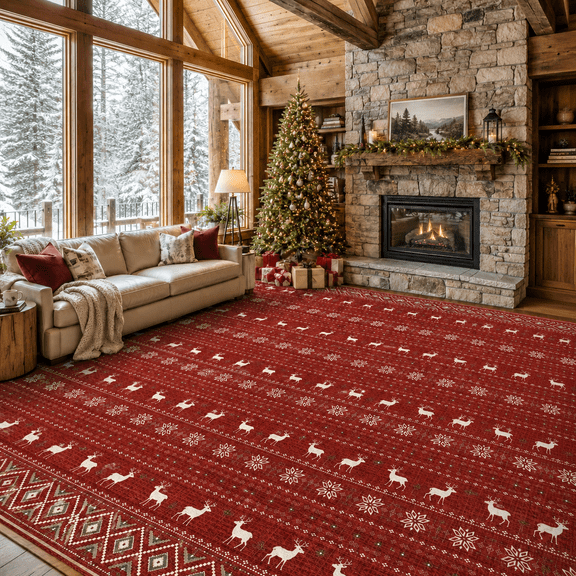 Wondiair 5x7 Christmas Area Rug for Living Room, Reindeer and Snowflake Design, Washable Non-Slip Low Pile for Bedroom Dining Room,Red