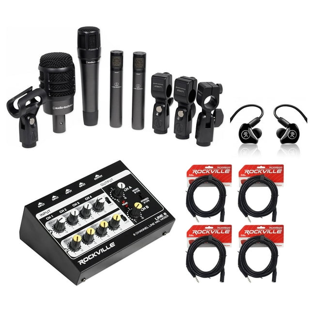 Audio Technica ATMDRUM4 Drum Microphone Kit w/(4) Mics+InEar Monitors