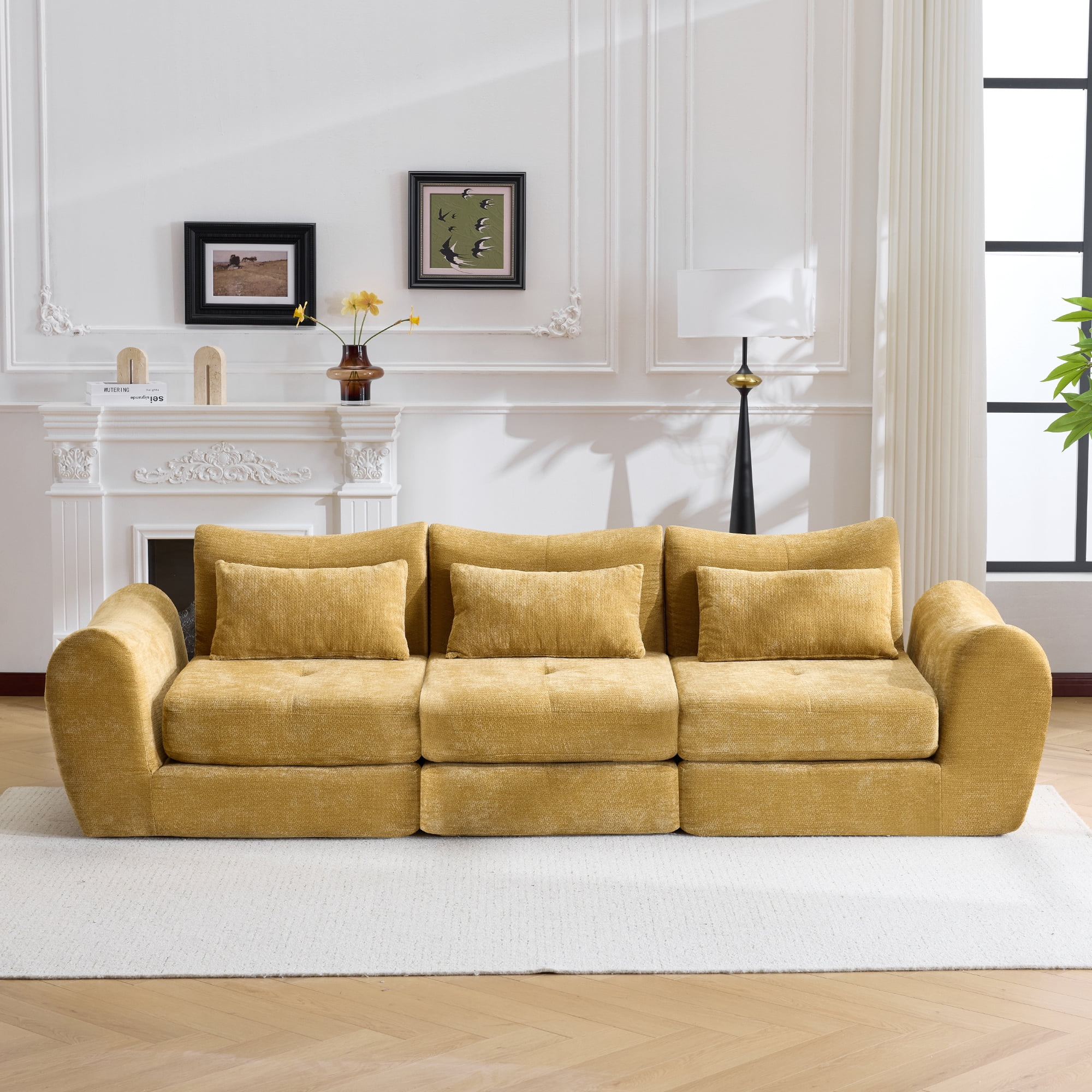 101.5" Modular Sectional Sofa,Chenille Cloud Sofa Couch Convertible Folding Sofa Bed for Living Room,Bedroom,Apartment,Yellow