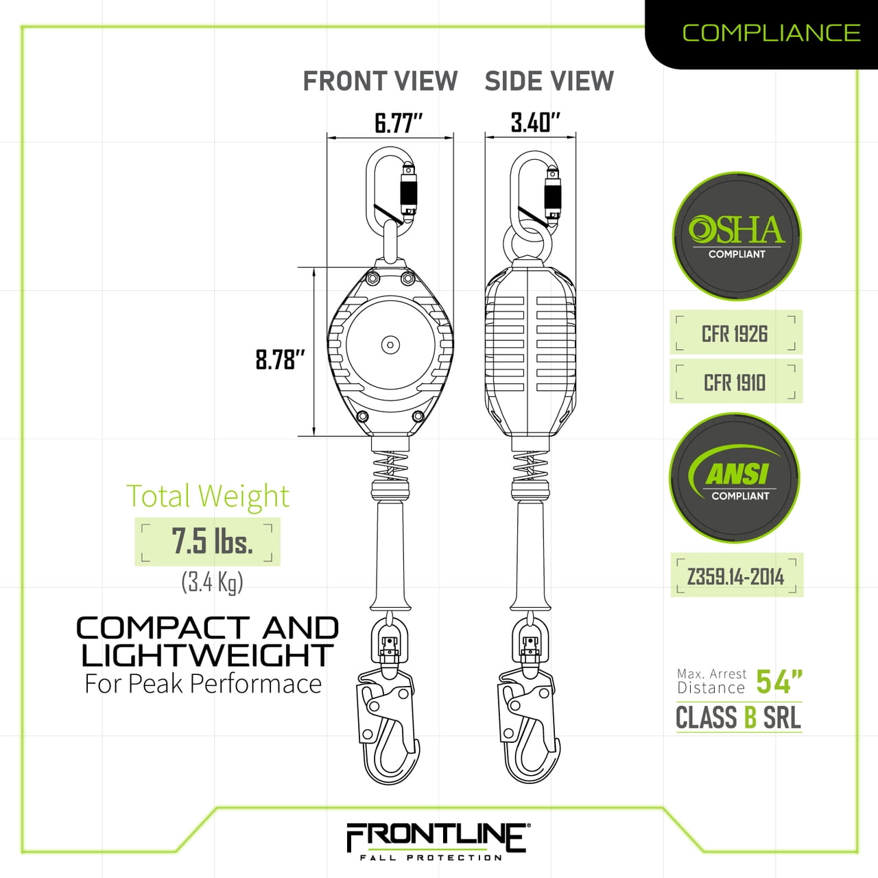 Frontline RPG20 Cable Single Leg 20ft SRL with Steel Snap Hook End| Roofing | Construction | Personal Fall Arrest Protection | Galvanized Steel Retractable Lifeline/Safety Yoyo