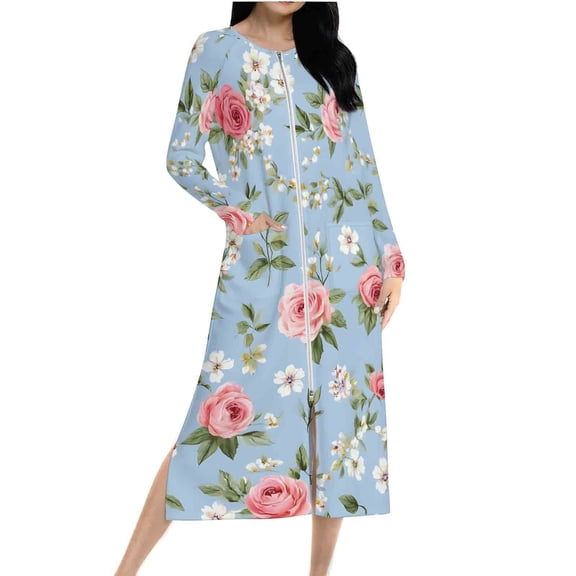 Floral Printed Robe for Ladies Zipper Cardigan Bathrobes Lightweight Long Sleeves Nightgown Breathable Soft Winter Nightdress Zip With Pokets Loose Pajamas
