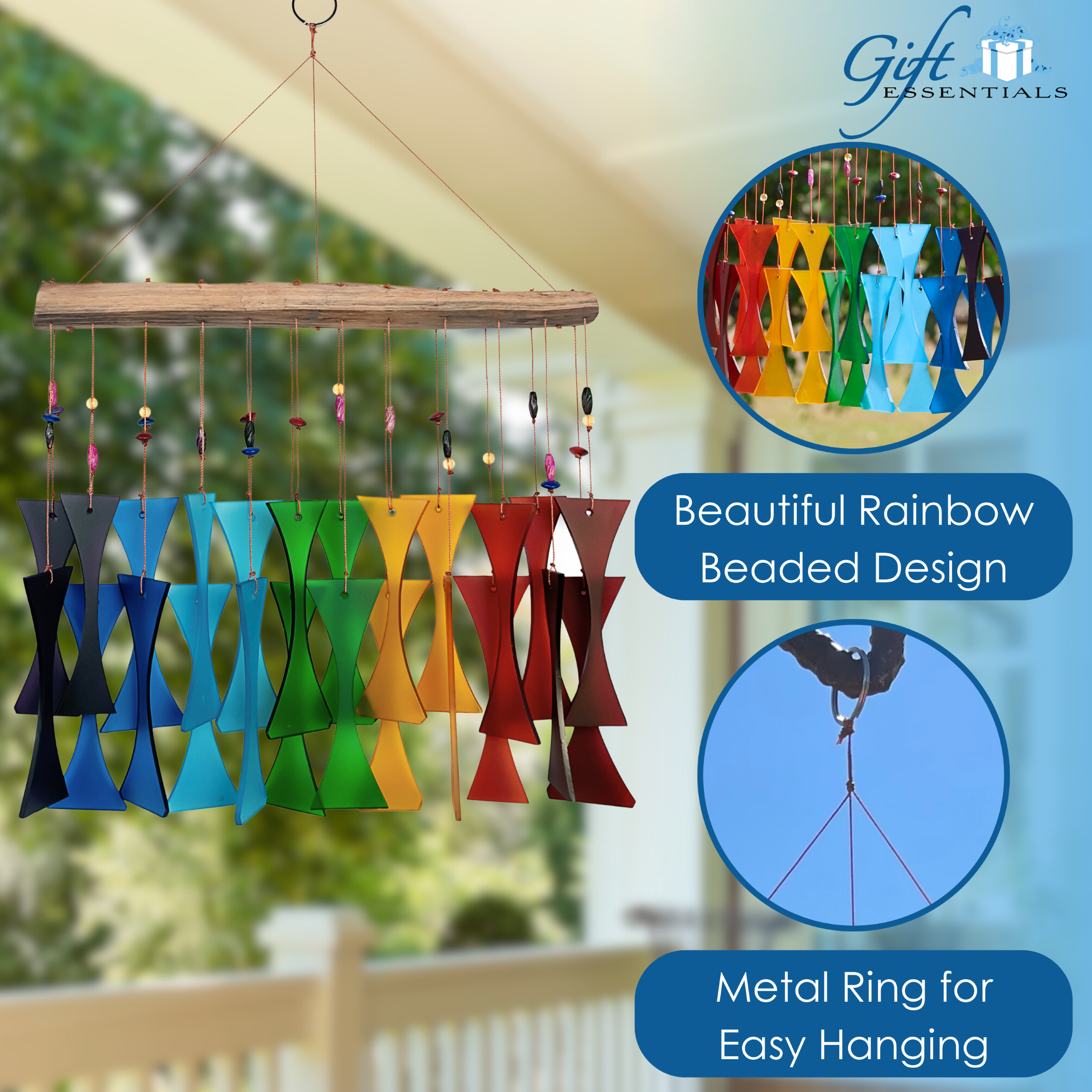 Blue Handworks Rainbow Beaded Glass & Driftwood Cast Off Wind Chime - Sandblasted Glass and Found Wood Handcrafted Outdoor and Garden Windchime