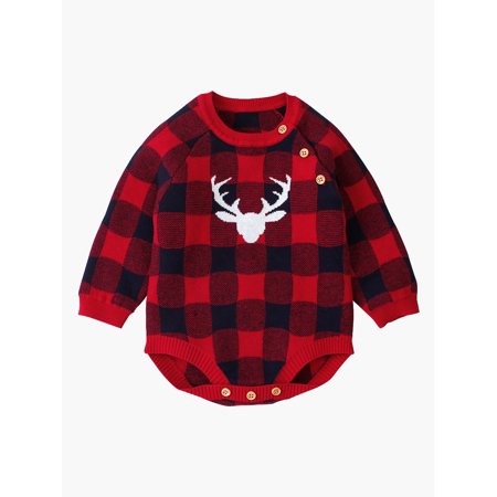 

Christmas Baby Boy Girl Plaid Knitted Casual Jumpsuit Sweater Outfit Autumn Winter Clothes