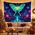 thumbnail image 2 of Green Moth Above Blue Mushrooms and Purple Lilies, Dreamy Fantasy for Moth Lovers, Forest Wall Art, Housewarming Gift, Tapestry Wall Hanging for Bedroom and Dorm, 2 of 6