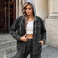 thumbnail image 2 of Nowekniz Women's Hooded Denim Shacket Jacket, Drawstring Button Front Long Sleeve Washed Jean Jacket with Pockets, Casual Western Outerwear, 2 of 7