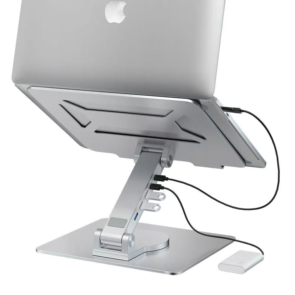 Laptop Stand with Docking Station, 5-Port USB Hub for MacBook Pro Air, Aluminum Alloy Height Adjustable Rotating Stand for Desk, Ergonomic Laptop Riser for Home Office Computer Accessories