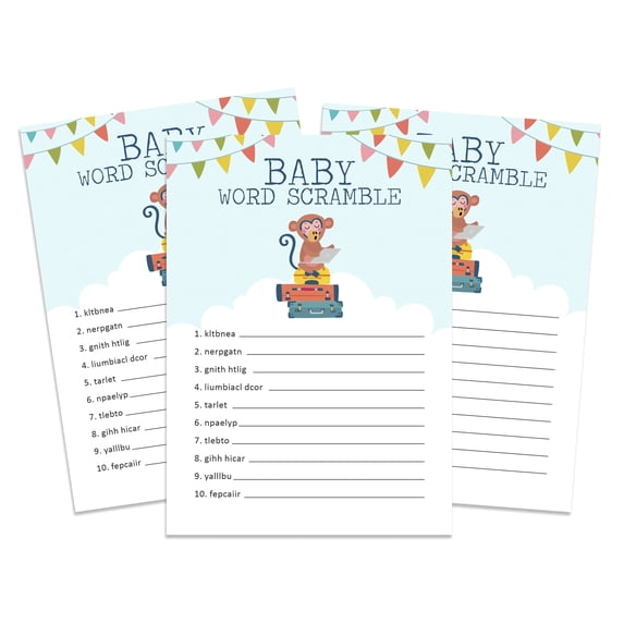 Inkdotpot Pack of 50, Boy/Girl Baby Shower Party Collection, Word Scramble Game Cards, Fun Baby Shower Party Games, Activities, Decorations, Animals Theme Party Supply
