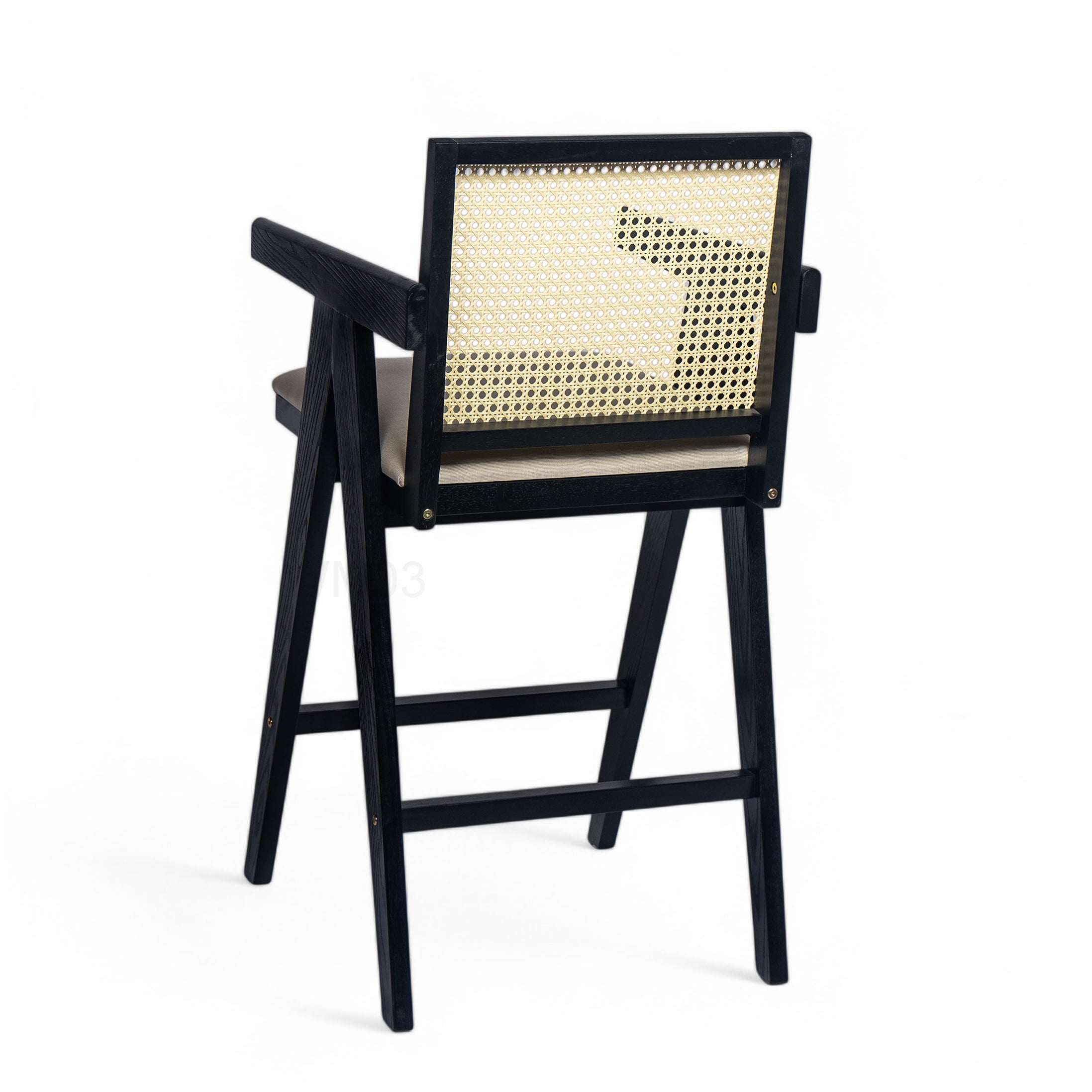 27 Inch Height Bar Stool Set of 2, Cream Grey Fabric Seat with Woven Plastic Cane Back and Rubberwood Legs