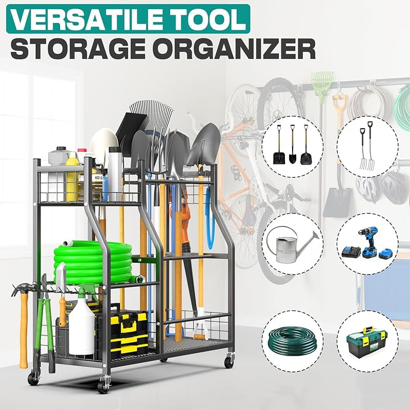 Garden Tool Organizer Stand, Garage Tool Storage Organization, Yard Tool Racks with lockable wheels, Fit for Long-Handled Tools/Rakes/Brooms