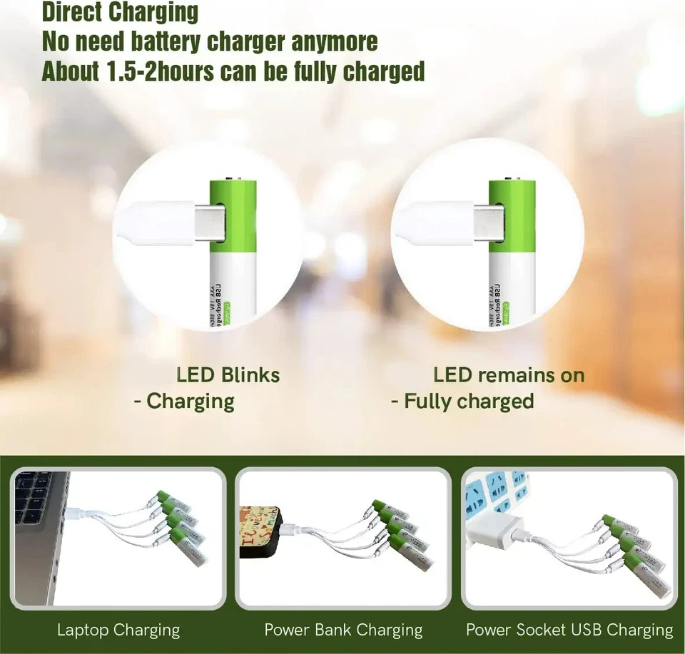 2Pcs Rechargeable Aaa Lithium Ion Li-Ion Batteries 1.5V 750Mwh With Usb C Cable