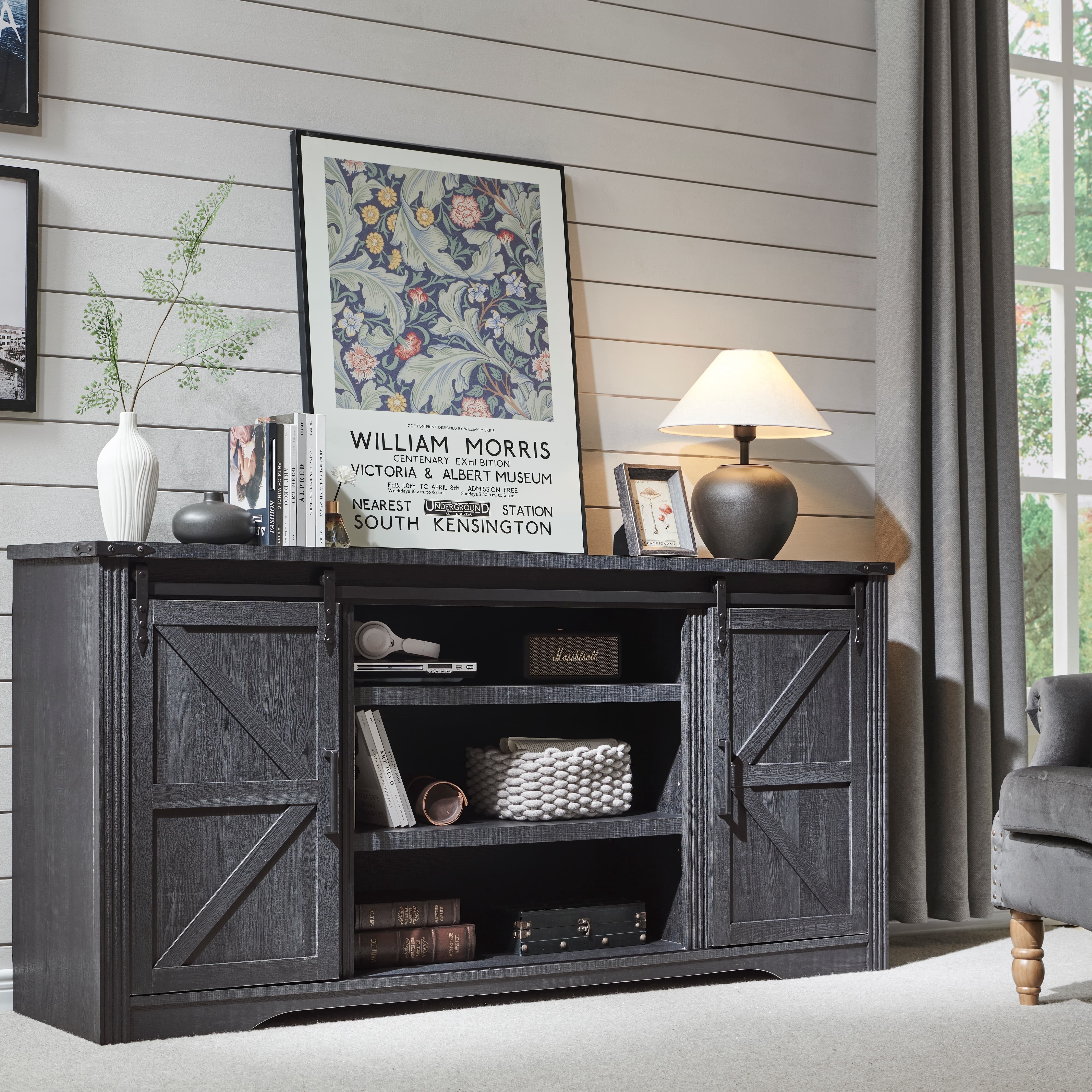T4TREAM Farmhouse TV Stand with 4 Drawer for TVs up to 75", Farmhouse Entertainment Center with Adjustable Shelves & Barn Door, Black