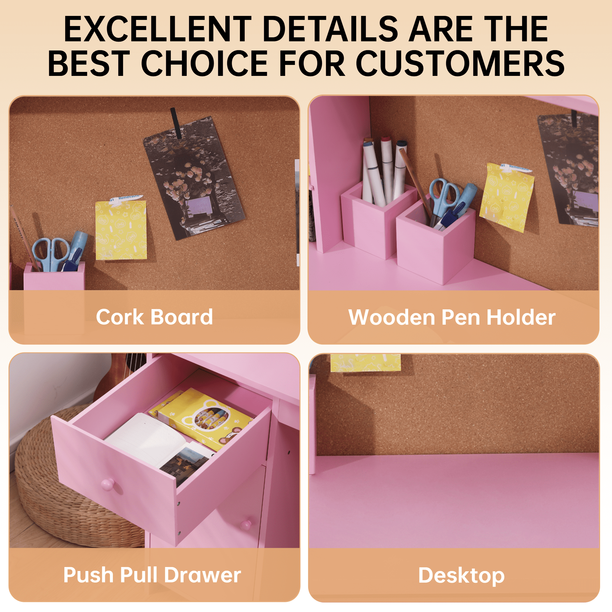 Kids Desk and Chair Set, Wooden Children Study Table with Storage Shelves, Cork Bulletin Board, Drawer and Cabinet, Pink, White