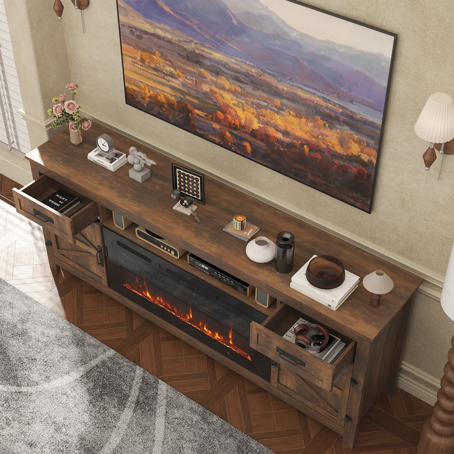Sonegra Fireplace TV Stand with Barn Door for TVs up to 80", Farmhouse 70" Fireplace Entertainment Center, TV Console with Storage Cabinets for Living Room, Brown