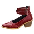 thumbnail image 2 of GERsome Women's Low Block Heels Closed Pointy Toe Ankle Buckle Chunky Heels Pumps Casual Wedding Dress Shoes, Wine Size 6, 2 of 9