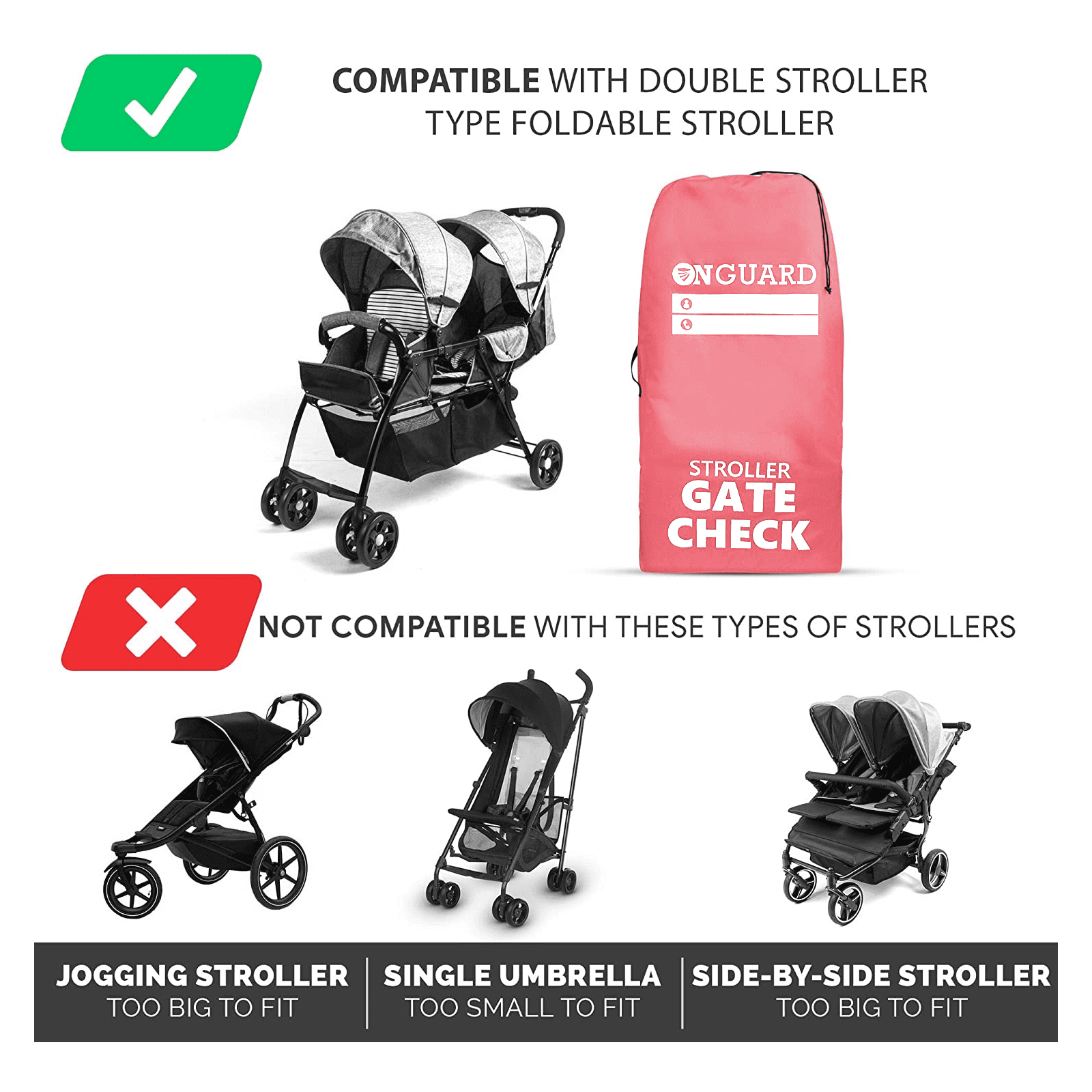 OnGuard Double Stroller Travel Bag - Waterproof Rip Resistant Polyester Compact - Stroller Bag Cover Accessories, Stroller Bag for Airplane, Stroller Gate Check Bag