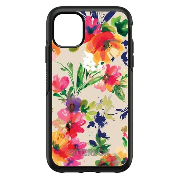 DistinctInk OtterBox Symmetry Custom Case for Apple iPhone 15 (6.1" Screen) - Pink Purple Floral Flowers - Wireless Charging Compatible