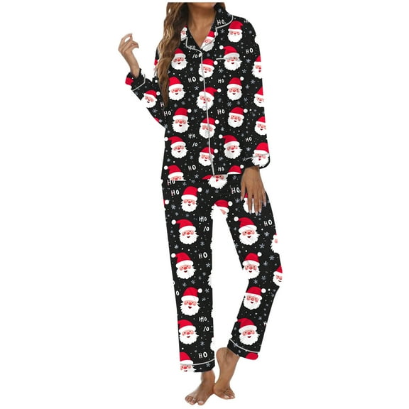 Christmas Pajamas for Women Long Sleeve Button Down Cozy Santa Print Nightwear Sleepwear Outfit Casual Loose Fall Winter Soft Comfy Womens Loungewear Set Black L