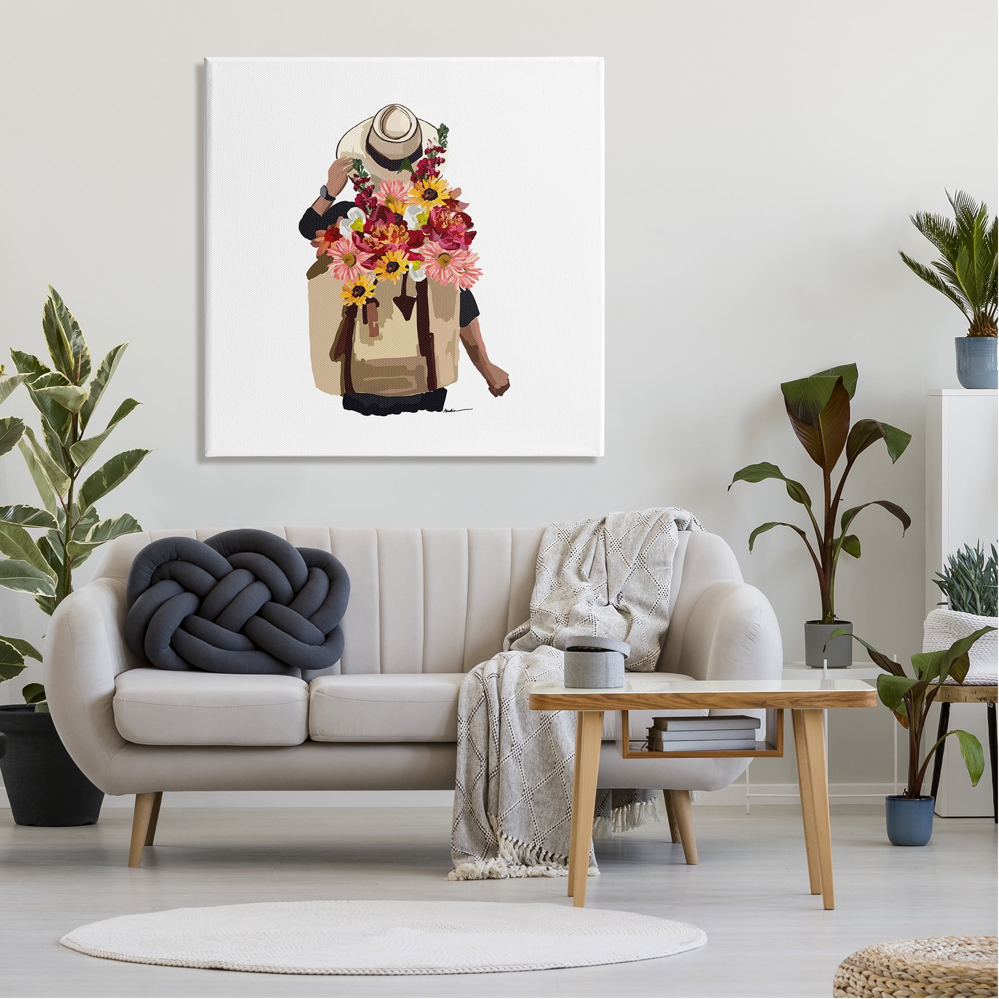 Stupell Industries Woman Carrying Backpack Mixed Flower Bouquet Arrangement Graphic Art Gallery Wrapped Canvas Print Wall Art, Design by Amelia Noyes