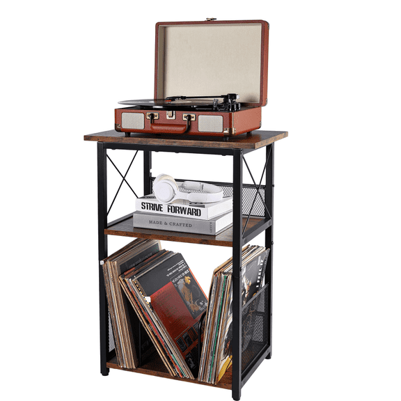 3 level record player stand, vinyl record storage up to 100 albums, living room end side table, bedroom multi-functional, rustic brown