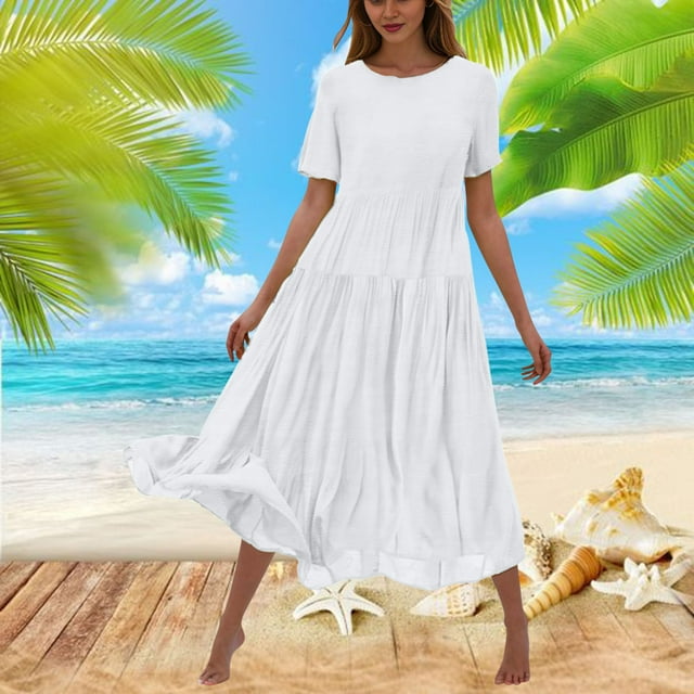 LOVZFMLL Robe Décontractée pour Femme à Fleurs, Couleur Unie, Manches Courtes, Col Rond, Robe Longue Fluide à Étages pour la Plage, Blanche, TG