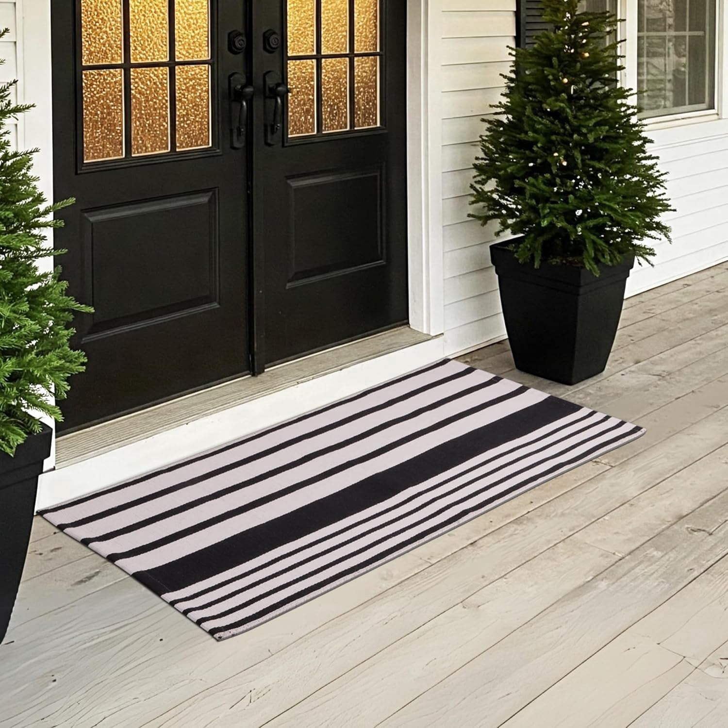 A1HC Black & White Striped Front Door Rug, 24x51 in, Hand-Woven Cotton, Washable, Fade-Resistant Layered Rug for Porch & Entryway