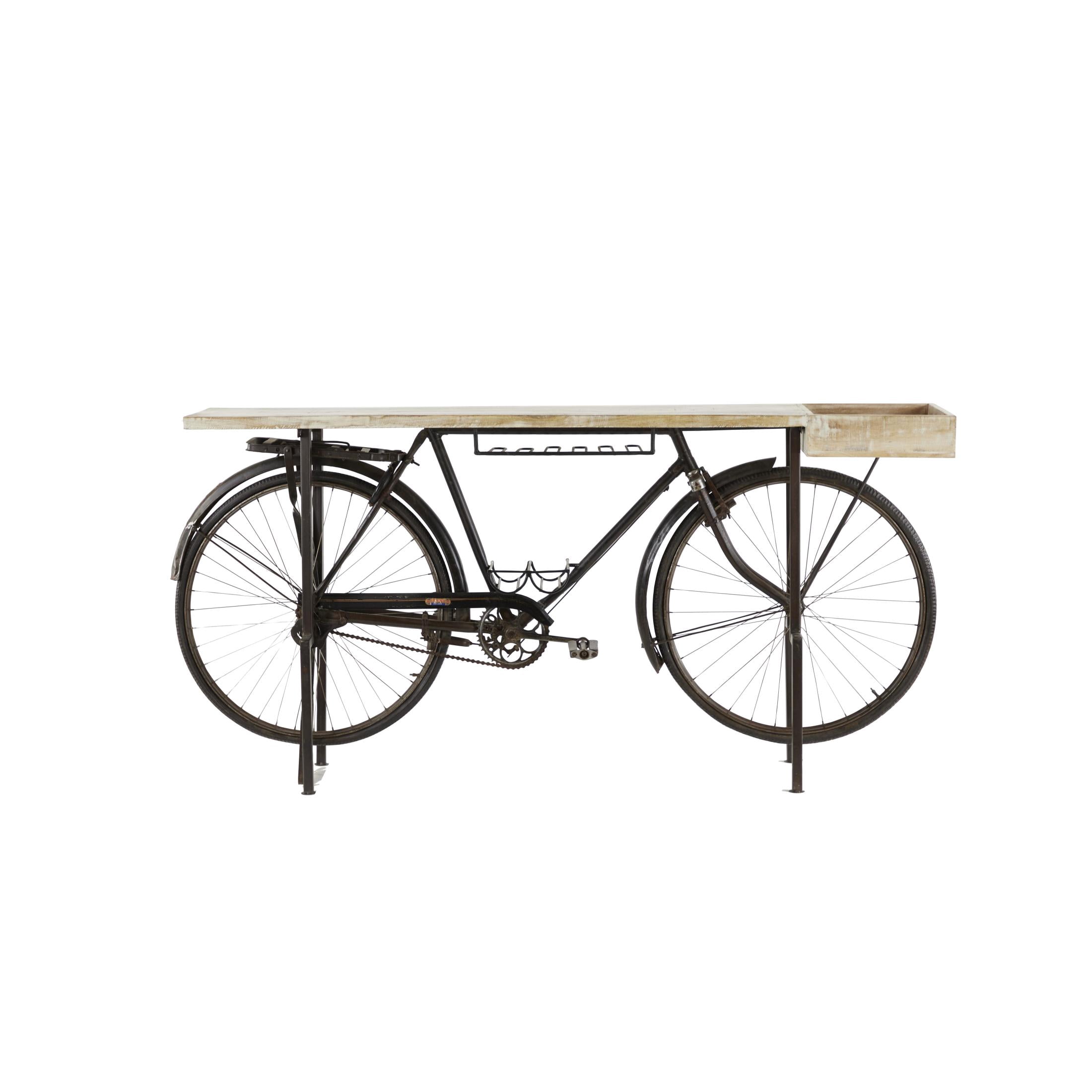 DecMode Rustic Metal Black Bicycle Console Table with Brown Wood Tabletop, 76"W x 37"H