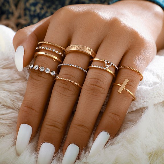 Womens Ring Set 8 Piece Twist and Diamond and Word Rings Retro Joint Rings Geometric Design Alloy Electroplated