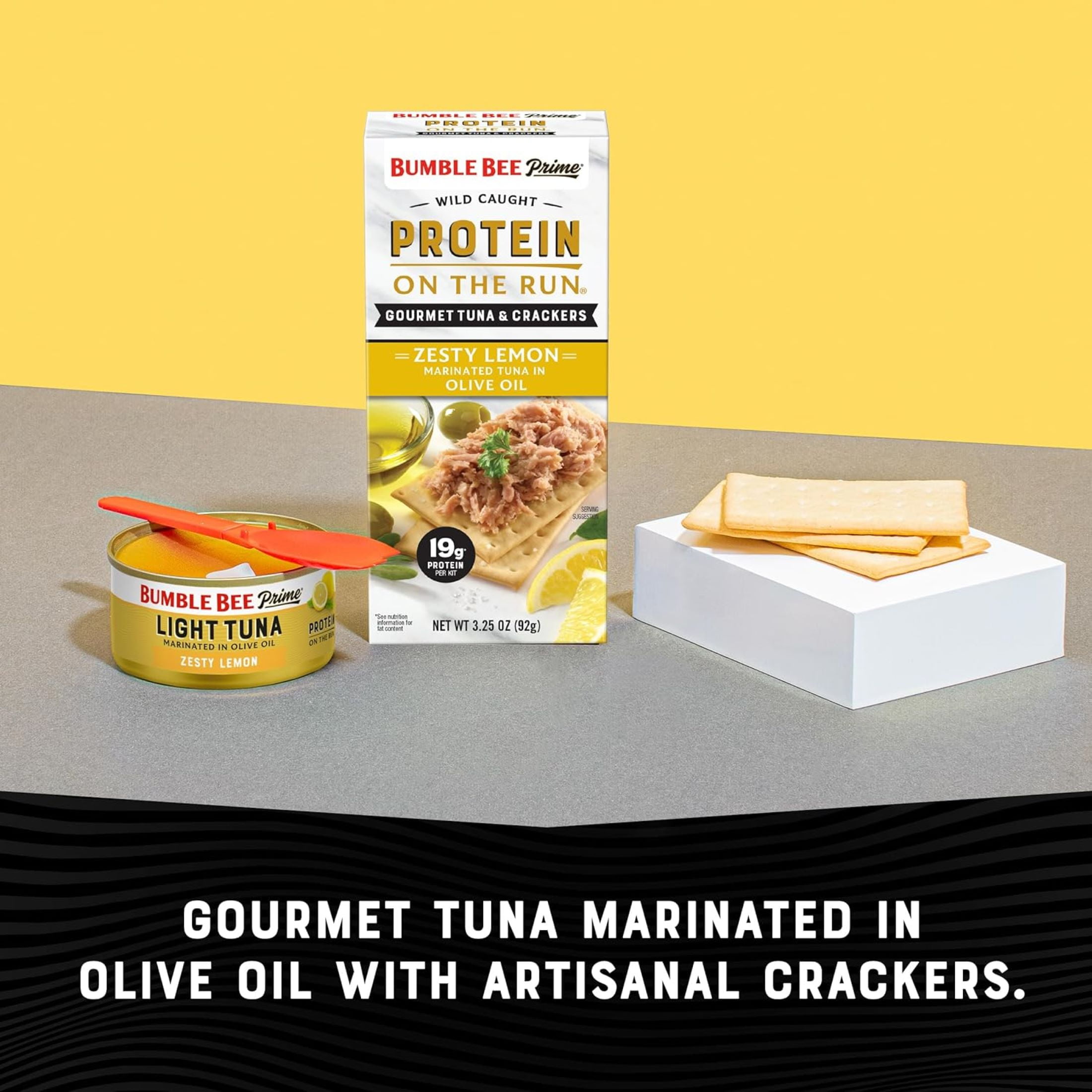 (6 pack) Bumble Bee Prime Protein on The Run Tuna Marinated in Olive Oil and Lemon, Wild Caught, Ready to Eat, 19g Protein per Serving, Shelf Stable Box, 3.5 oz