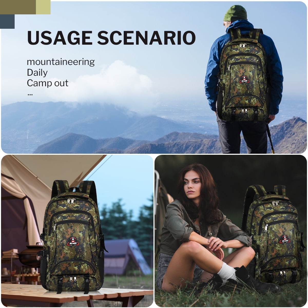 Camo Backpack for Adults, 40L Large Capacity Back Pack for Work Travel Hiking Outdoor, Army Green - BP8023