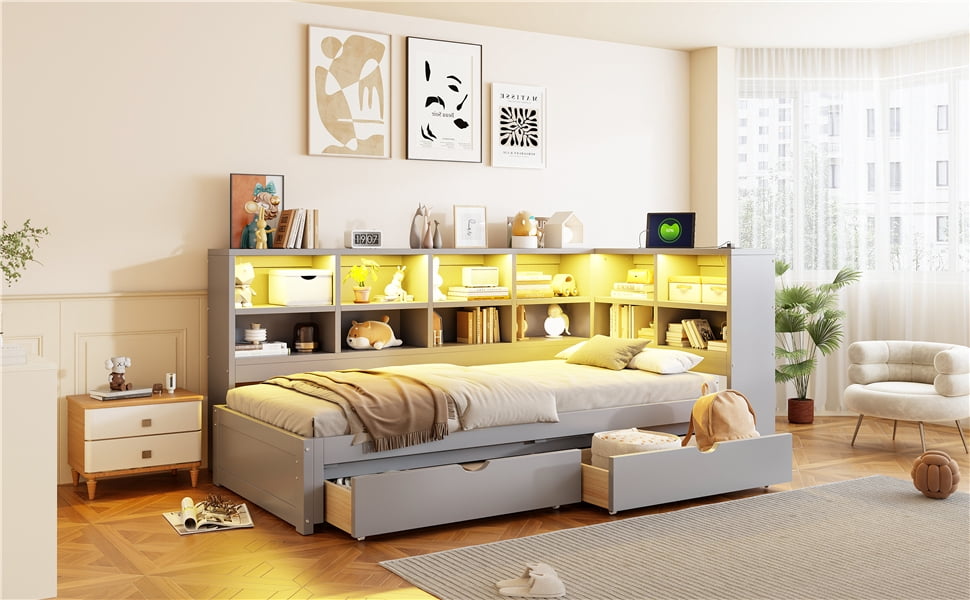 Mintazer Twin XL to King Daybed with 2 Storage Drawers & LED Lights, Platform Bed Frame with Charging Station, Gray