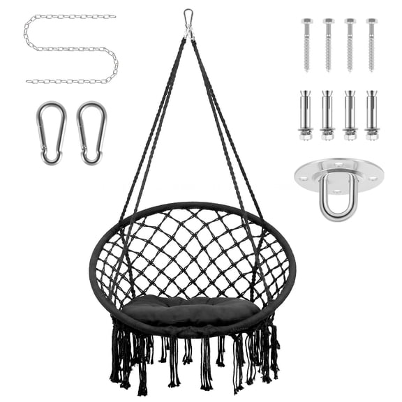 Black Macrame Hammock Chair with Side Pocket, Hand Woven Cotton Rope Hanging Swing Chair 330 lbs Capacity for Indoor Outdoor