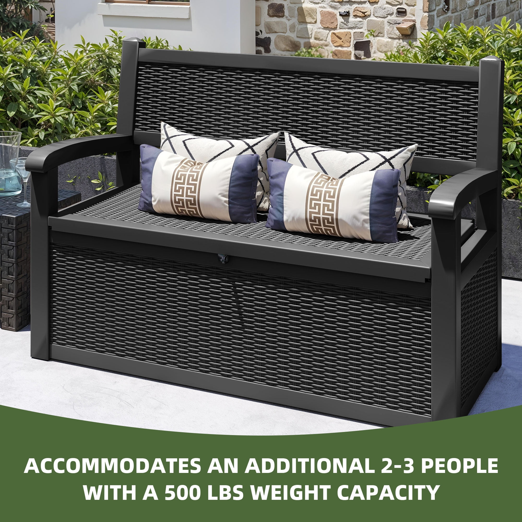 Uforic 70 Gallon Outdoor Resin Deck Bench, Waterproof & Lockable Storage Box  Bench with Armrests for Garden Patio, Black