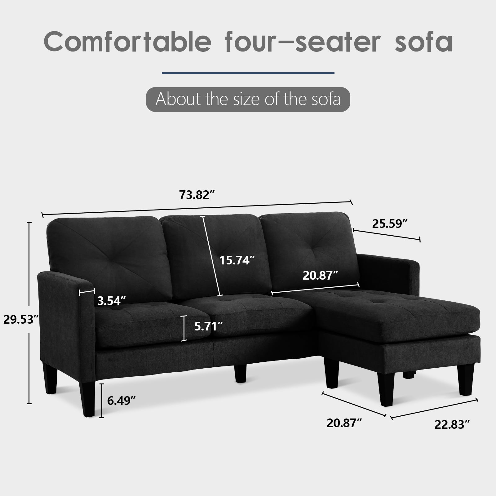 Haverchair Modern Sectional Sofa Couch with Reversible Chaise L-Shaped Couch for Living Room,BLACK